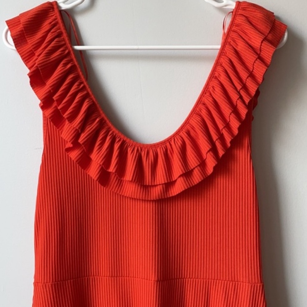 Zara Ribbed Ruffle Off Shoulder Orange Dress - Picture 4 of 6